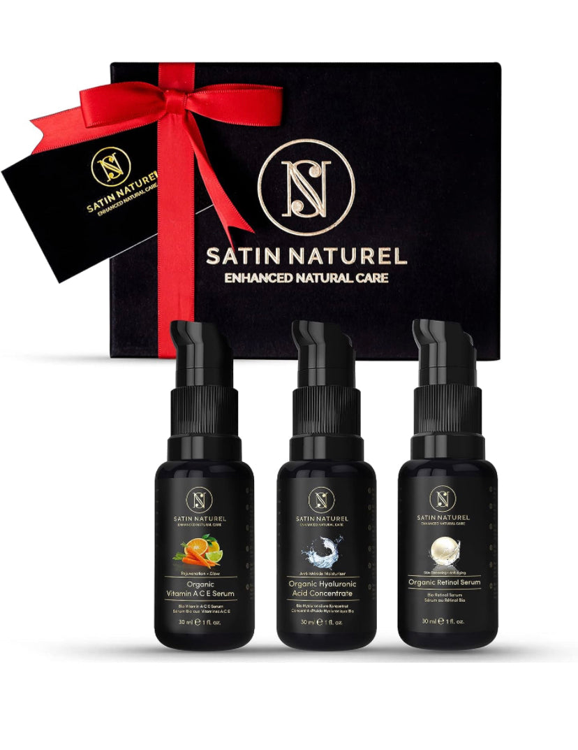 Regalo Donna - Skin Care Kit Viso Completo 3x30ml - Set Crema Viso Antirughe Vegano con Siero Acido Ialuronico, Siero Vitamina C + A&E e Siero Retinolo Viso - Regalo Donna Compleanno - Satin Naturel