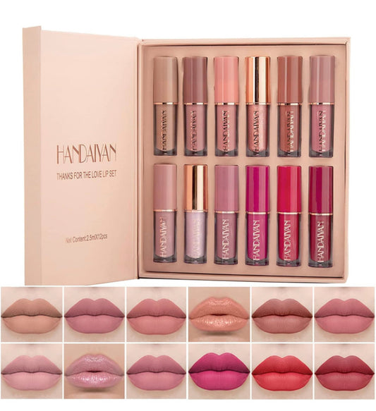 Set di trucco per rossetto, rossetto opaco, labbra di bellezza durature, pigmenti intensi, impermeabile a lunga durata, set regalo (12 colori), regalo per donne (A)