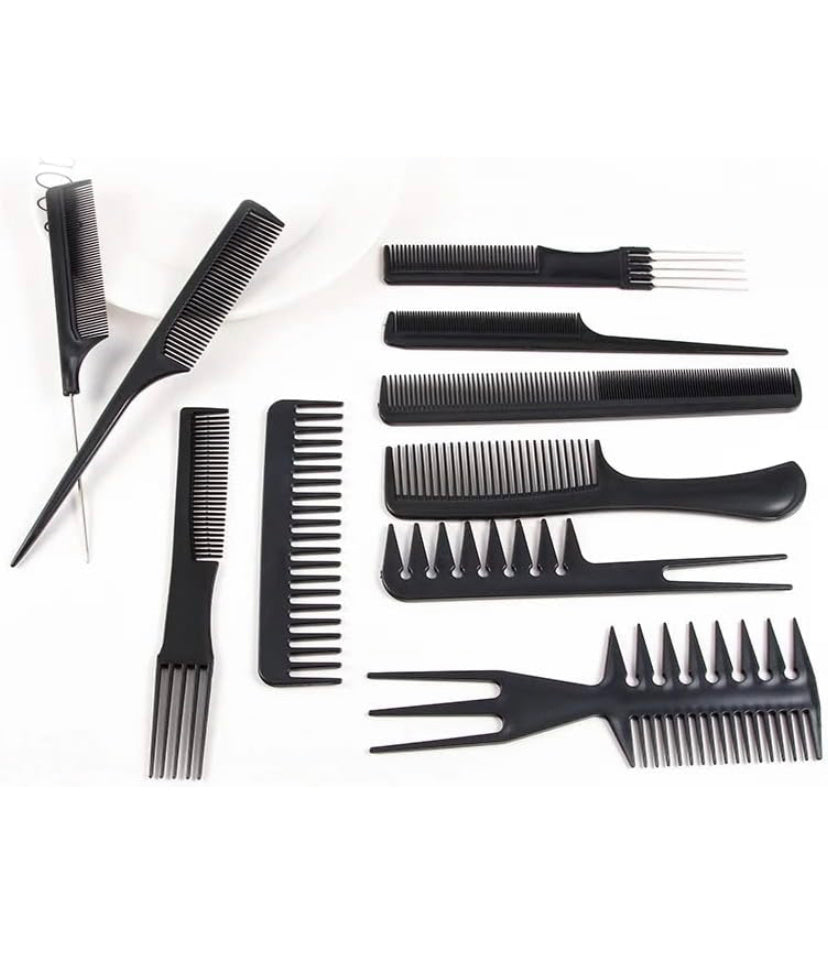 10 Pezzi Set di Pettine Capelli Neri, Parrucchiere professionale Pettine per capelli Pettine pettine Accessori, Strumenti per parrucchieri con borsa portatile per Uomini e Donne