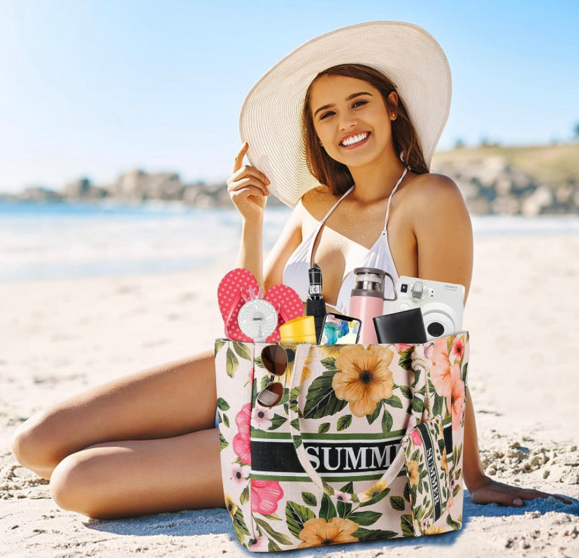 Victse Borsa da Spiaggia Donna, Grande Borsa Mare per Donna Borsa da Viaggio, Borsa in Tela con Cerniera per Spiaggia, Viaggio, Piscina, Shopping