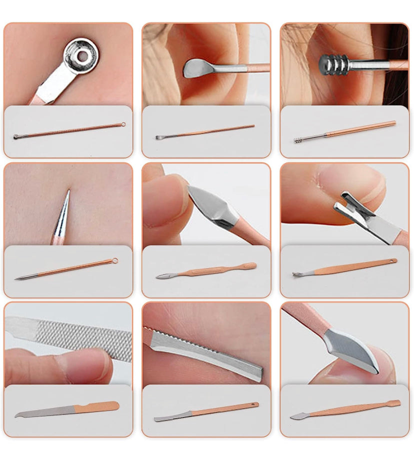 Set per manicure, 18 pezzi, set per la cura delle unghie, per pedicure, da donna e da uomo, in acciaio inox, set di manicure per unghie, set di bellezza portatile, per viaggi (oro rosa)