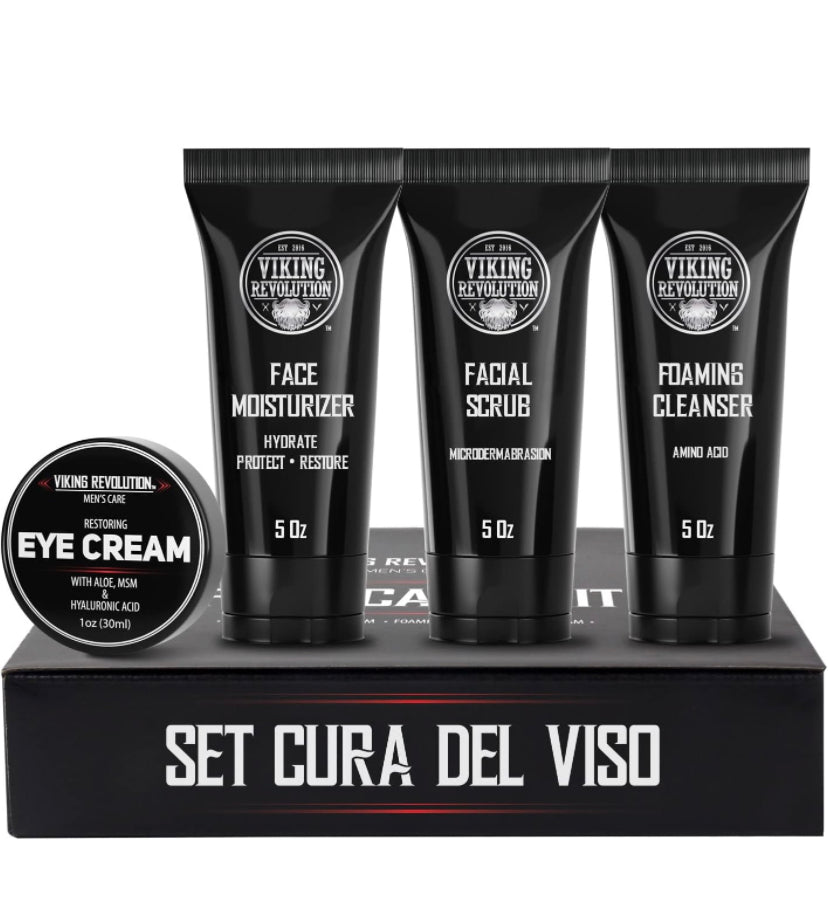 Viking Revolution Cura Viso Uomo - Include 1 Idratante Viso Uomo, 1 Scrub Viso Uomo, 1 Detergente Schiumogeno, 1 Crema Contorno Occhi Uomo - Skin Care Kit Viso Uomo