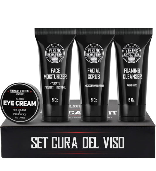 Viking Revolution Cura Viso Uomo - Include 1 Idratante Viso Uomo, 1 Scrub Viso Uomo, 1 Detergente Schiumogeno, 1 Crema Contorno Occhi Uomo - Skin Care Kit Viso Uomo