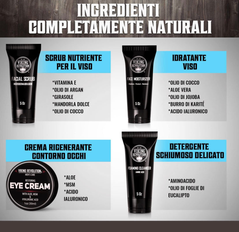 Viking Revolution Cura Viso Uomo - Include 1 Idratante Viso Uomo, 1 Scrub Viso Uomo, 1 Detergente Schiumogeno, 1 Crema Contorno Occhi Uomo - Skin Care Kit Viso Uomo