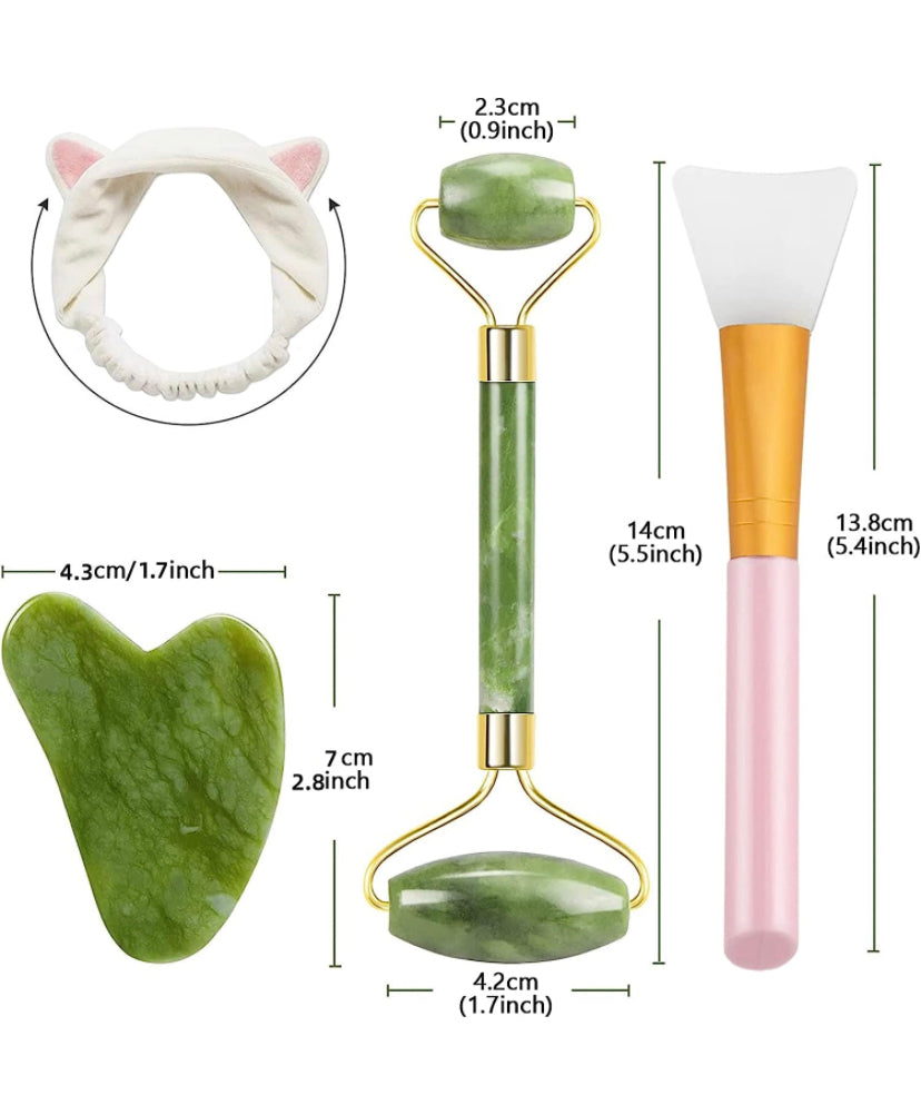 Gua Sha Massaggio Viso e Jade Roller, Rullo di Giada Viso Naturale con Pennello Efascia per Capelli per Donne Ragazze Occhi, Viso, Collo Anti invecchiamento Wrinkgless (4PCS)