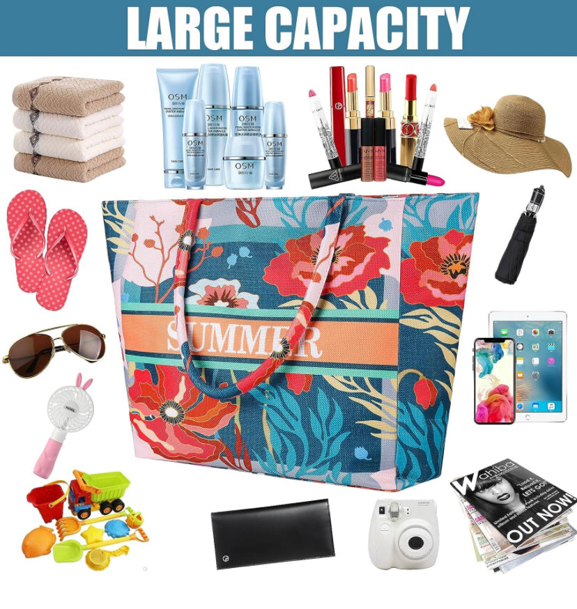 Victse Borsa da Spiaggia Donna, Grande Borsa Mare per Donna Borsa da Viaggio, Borsa in Tela con Cerniera per Spiaggia, Viaggio, Piscina, Shopping