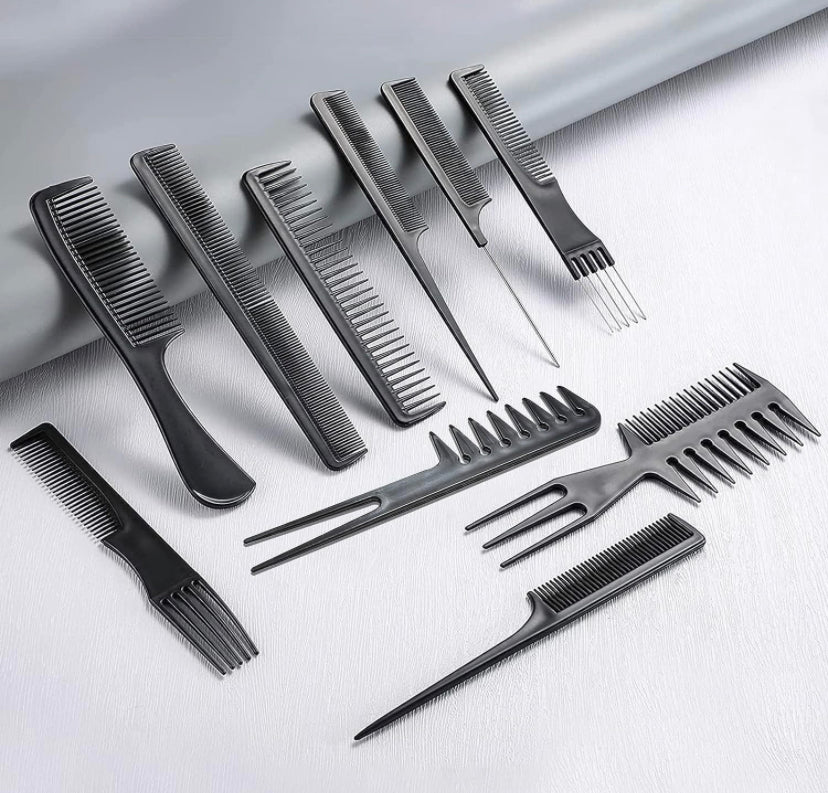 10 Pezzi Set di Pettine Capelli Neri, Parrucchiere professionale Pettine per capelli Pettine pettine Accessori, Strumenti per parrucchieri con borsa portatile per Uomini e Donne