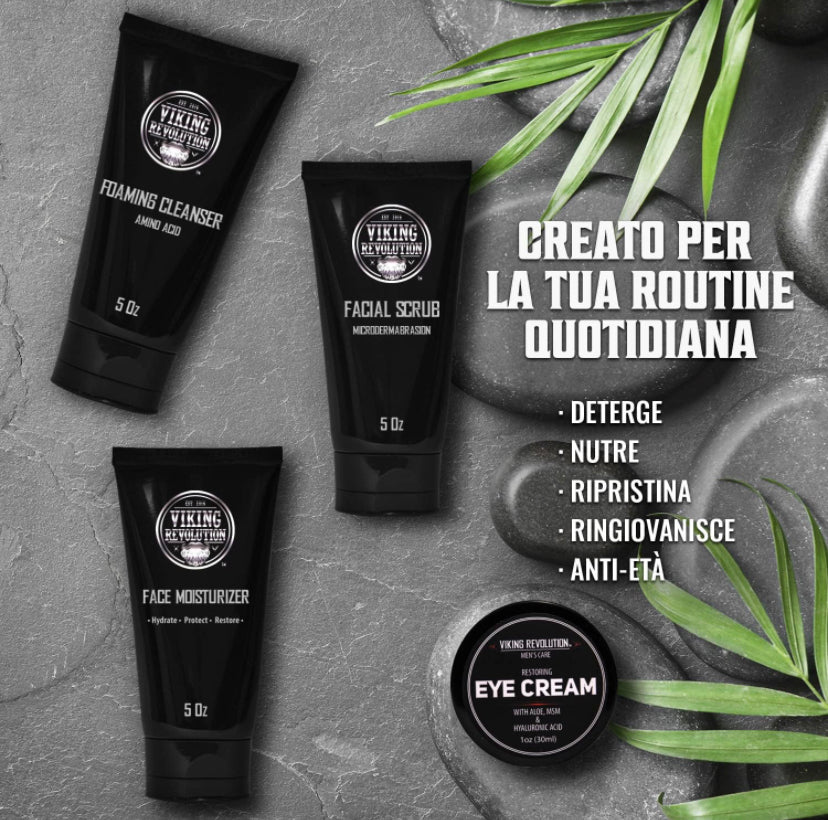 Viking Revolution Cura Viso Uomo - Include 1 Idratante Viso Uomo, 1 Scrub Viso Uomo, 1 Detergente Schiumogeno, 1 Crema Contorno Occhi Uomo - Skin Care Kit Viso Uomo
