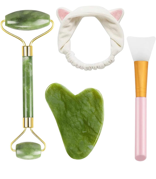 Gua Sha Massaggio Viso e Jade Roller, Rullo di Giada Viso Naturale con Pennello Efascia per Capelli per Donne Ragazze Occhi, Viso, Collo Anti invecchiamento Wrinkgless (4PCS)