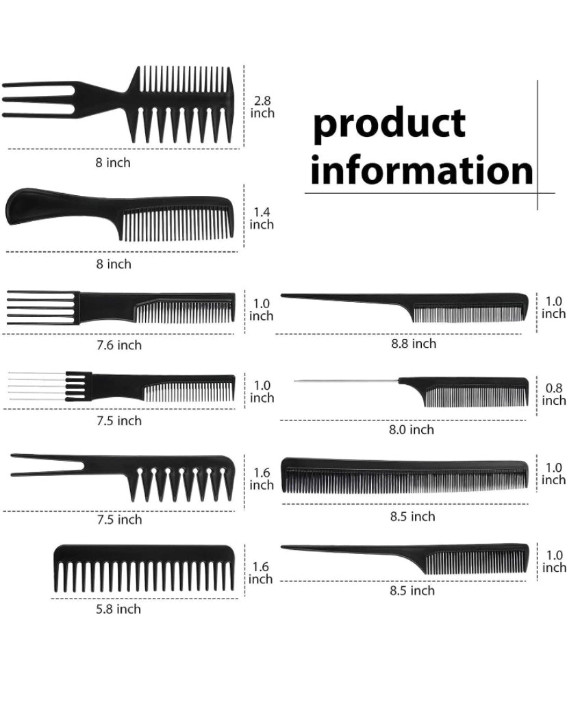 10 Pezzi Set di Pettine Capelli Neri, Parrucchiere professionale Pettine per capelli Pettine pettine Accessori, Strumenti per parrucchieri con borsa portatile per Uomini e Donne