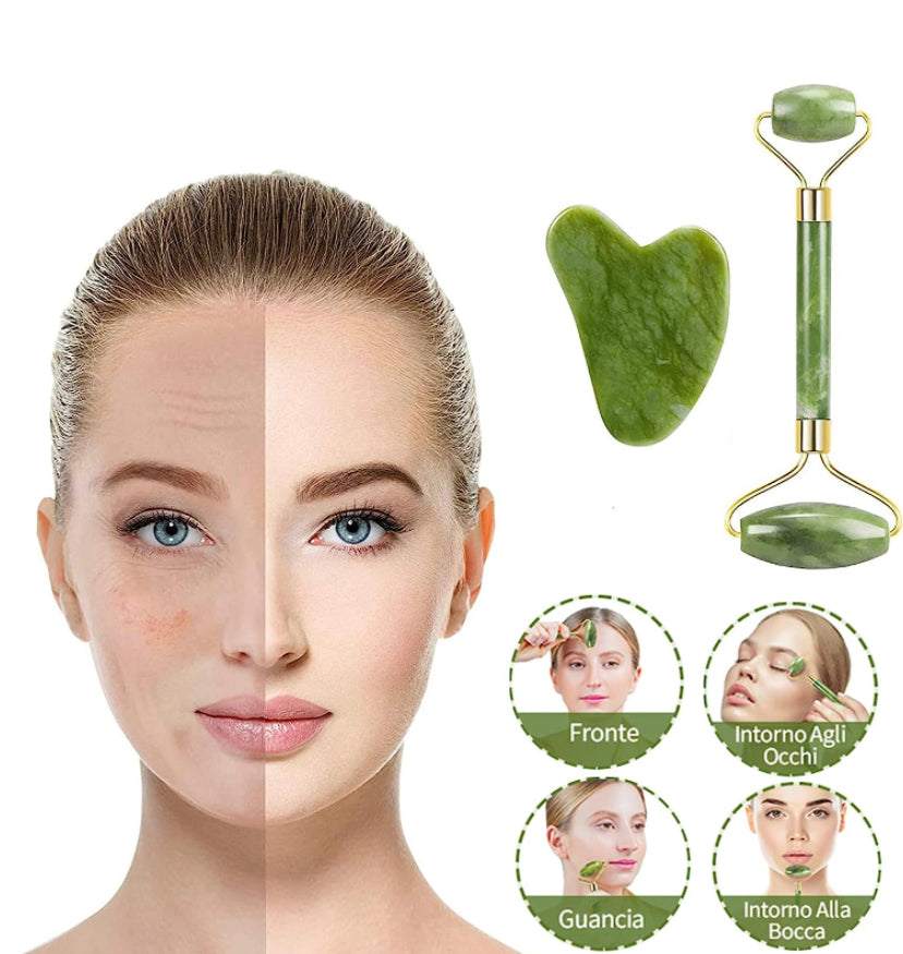 Gua Sha Massaggio Viso e Jade Roller, Rullo di Giada Viso Naturale con Pennello Efascia per Capelli per Donne Ragazze Occhi, Viso, Collo Anti invecchiamento Wrinkgless (4PCS)