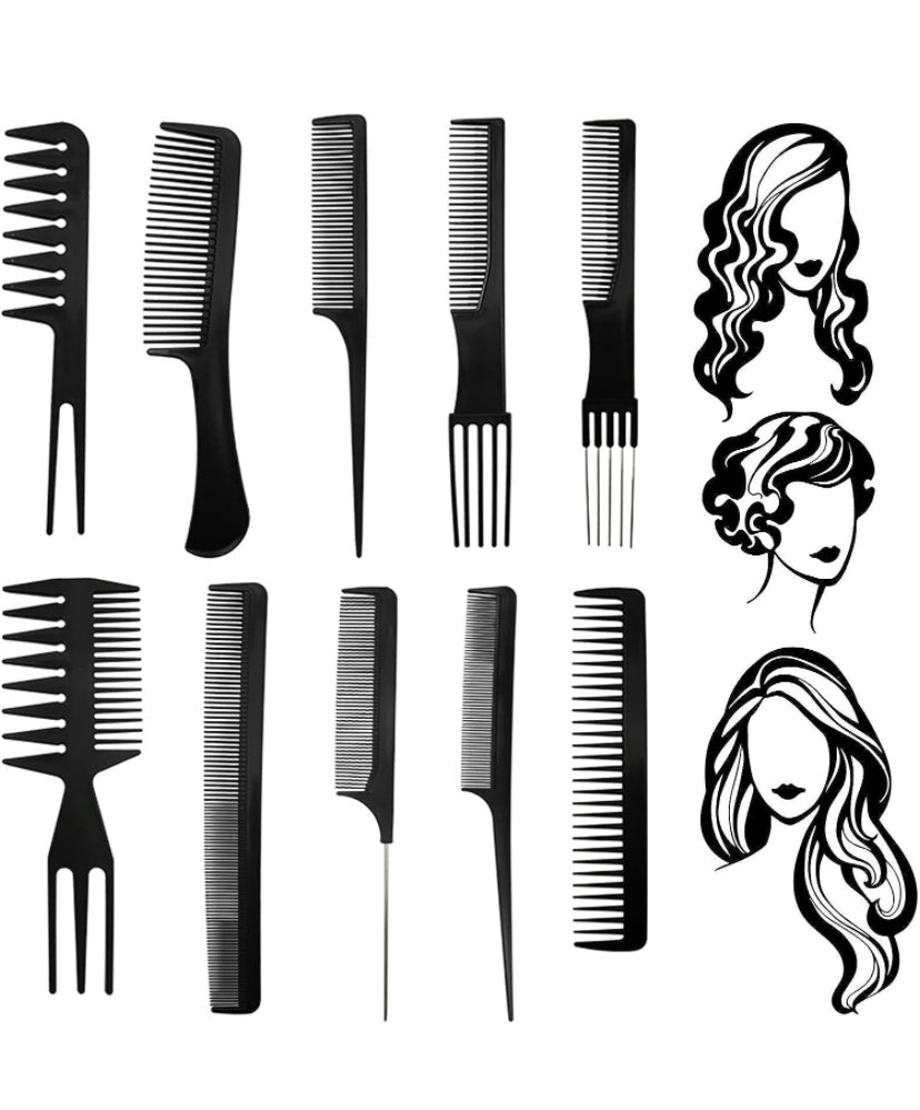 10 Pezzi Set di Pettine Capelli Neri, Parrucchiere professionale Pettine per capelli Pettine pettine Accessori, Strumenti per parrucchieri con borsa portatile per Uomini e Donne