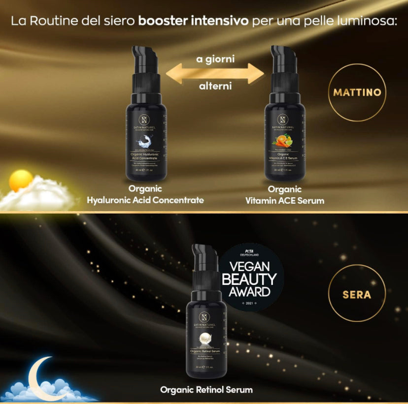 Regalo Donna - Skin Care Kit Viso Completo 3x30ml - Set Crema Viso Antirughe Vegano con Siero Acido Ialuronico, Siero Vitamina C + A&E e Siero Retinolo Viso - Regalo Donna Compleanno - Satin Naturel