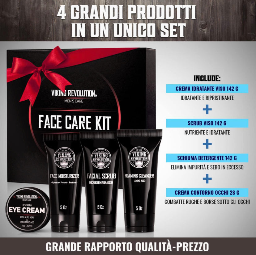 Viking Revolution Cura Viso Uomo - Include 1 Idratante Viso Uomo, 1 Scrub Viso Uomo, 1 Detergente Schiumogeno, 1 Crema Contorno Occhi Uomo - Skin Care Kit Viso Uomo
