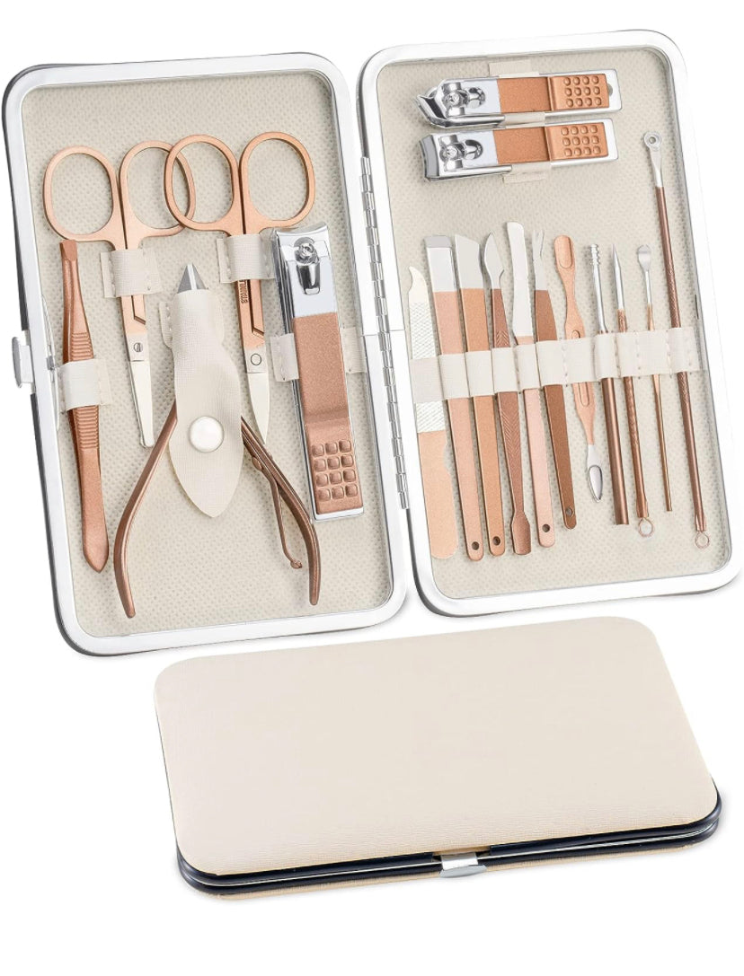 Set per manicure, 18 pezzi, set per la cura delle unghie, per pedicure, da donna e da uomo, in acciaio inox, set di manicure per unghie, set di bellezza portatile, per viaggi (oro rosa)