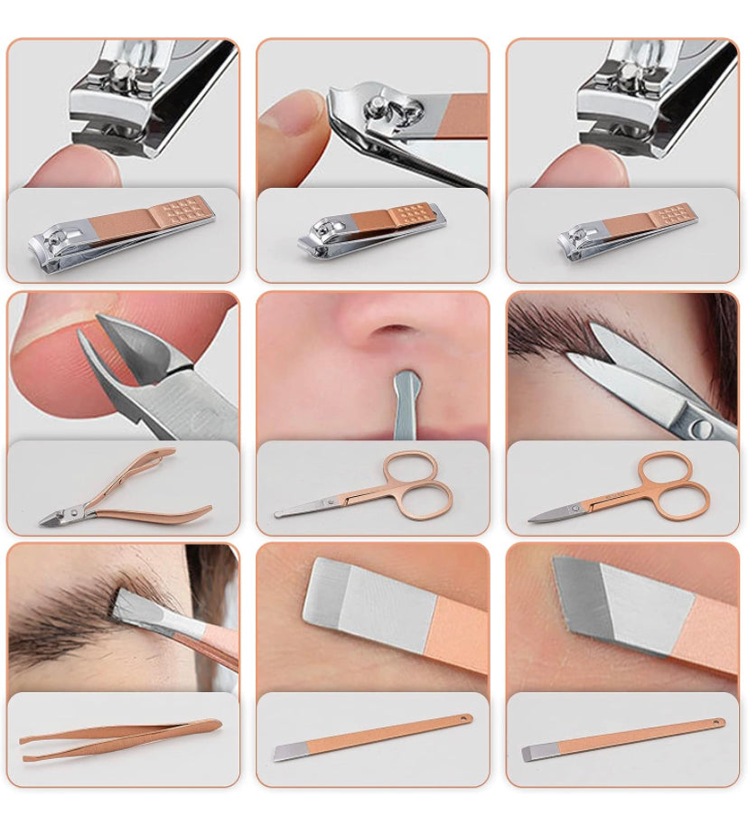 Set per manicure, 18 pezzi, set per la cura delle unghie, per pedicure, da donna e da uomo, in acciaio inox, set di manicure per unghie, set di bellezza portatile, per viaggi (oro rosa)