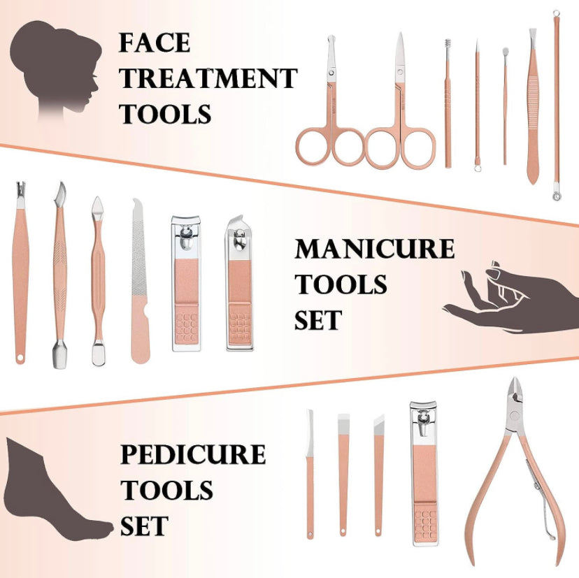 Set per manicure, 18 pezzi, set per la cura delle unghie, per pedicure, da donna e da uomo, in acciaio inox, set di manicure per unghie, set di bellezza portatile, per viaggi (oro rosa)