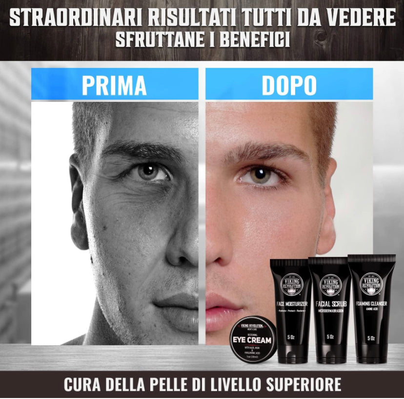 Viking Revolution Cura Viso Uomo - Include 1 Idratante Viso Uomo, 1 Scrub Viso Uomo, 1 Detergente Schiumogeno, 1 Crema Contorno Occhi Uomo - Skin Care Kit Viso Uomo